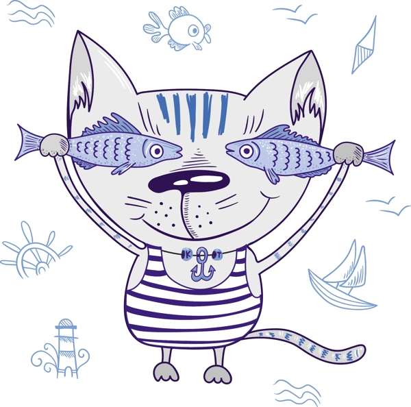 蓝色条纹卡通可爱猫咪与鱼