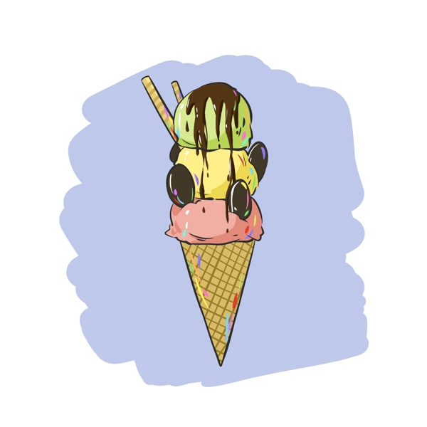 手绘原创食品食物素材甜食饼干三球冰淇淋