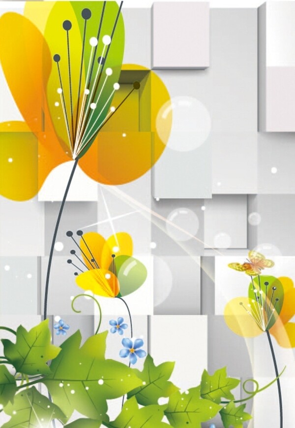 绚丽手绘花朵立体3D格子背景图片