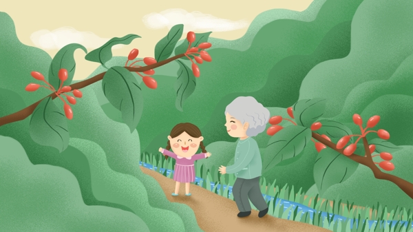 原创手绘插画九月九重阳节老人与女孩