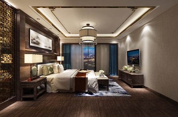 新中式轻奢复古造型背景墙卧室3d效果图