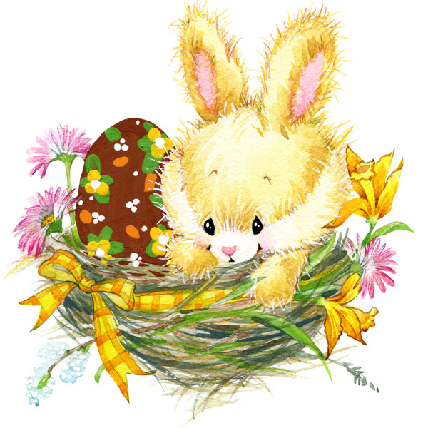 鸟巢里的兔子彩蛋插画图片