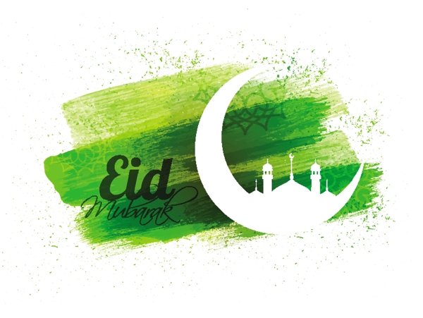 EidMubarak的背景与白色新月和清真寺摘要绿色笔触