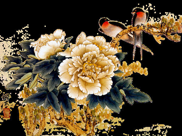 中国风彩绘鸟语花香牡丹图案元素