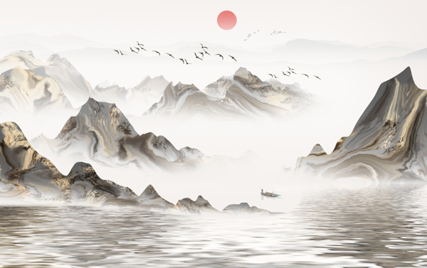 山水传统复古插画背景海报素材图片