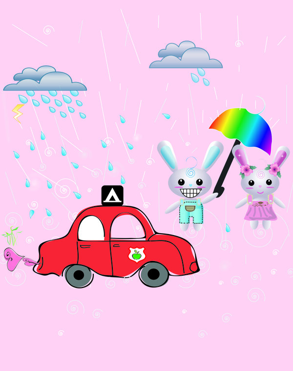 卡通兔子情侣下雨天
