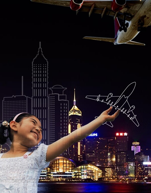 时尚房地产大气小孩飞机城市水夜景剪影未来图片