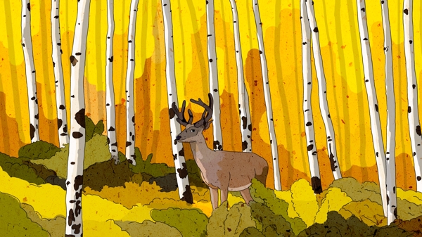 原创秋分白桦树森林里的鹿治愈插画