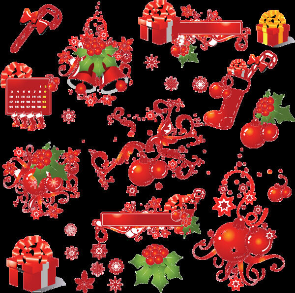 红色各种圣诞装饰元素免抠png透明素材