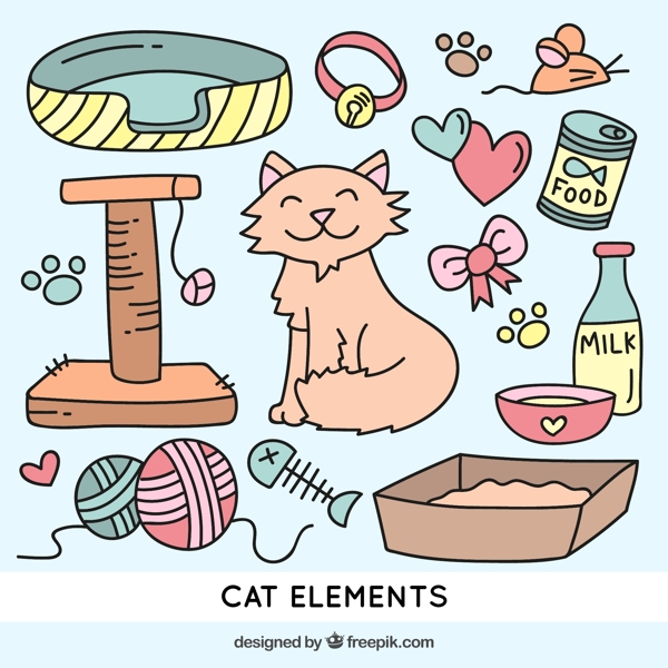 彩色14款可爱猫咪与宠物用品矢量素材