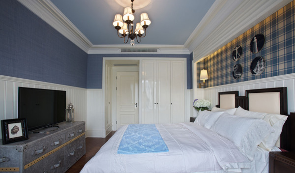 现代清新时尚卧室蓝色格子背景墙室内装修图
