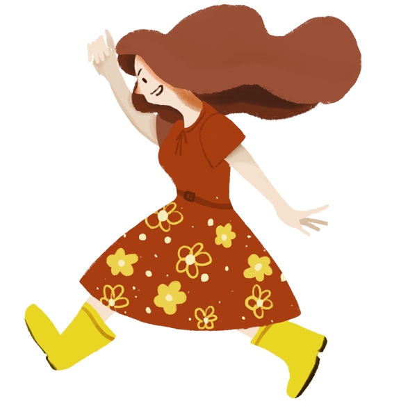披着长发穿着花裙子奔跑的卡通女孩