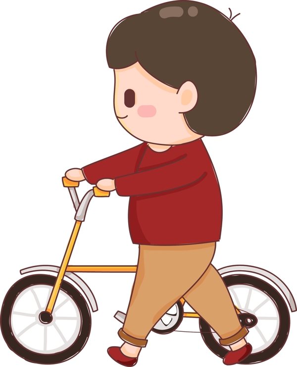 可爱男孩推着自行车散步原创元素