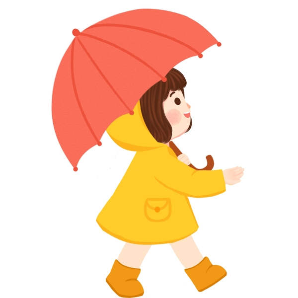 手拿雨伞的卡通女孩图案元素