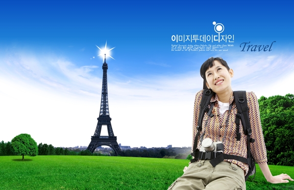 韩国景点旅游模板美女铁塔草地天空