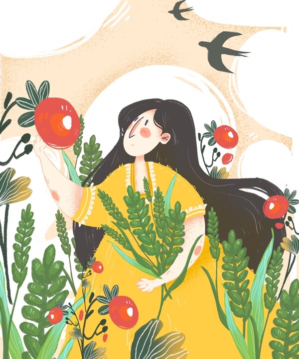 二十四节气摘果实的少女芒种主题手绘插画