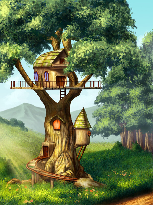 卡通树木房子图片