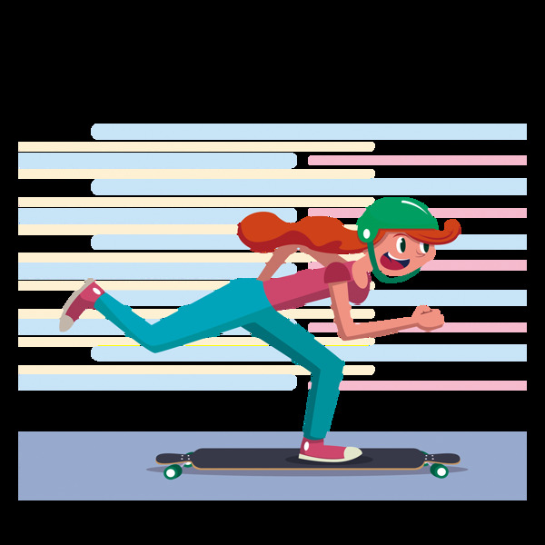 卡通女孩玩滑板png元素