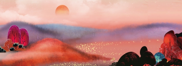 红色复古手绘夕阳远山落日背景