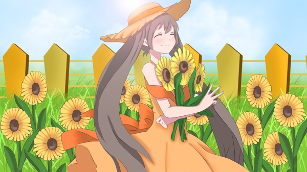 原创手绘插画五月你好女孩抱着向日葵