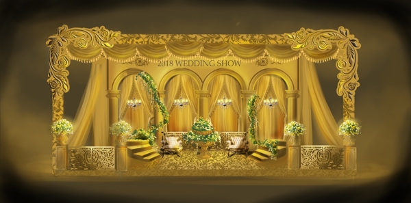 欧式金色婚礼素材留影区效果图