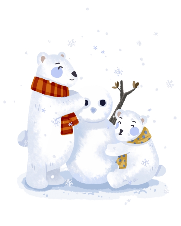 冬天可爱北极熊堆雪人手绘免抠素材