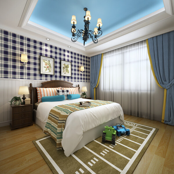 美式清新卧室深蓝色格子背景墙室内装修图
