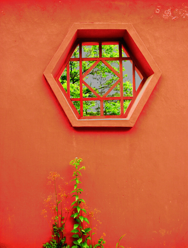 红墙古窗绿草图片