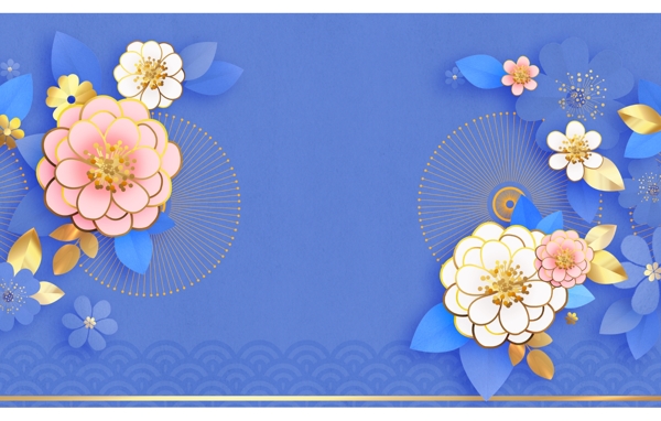 唯美蓝色花朵春节背景展板