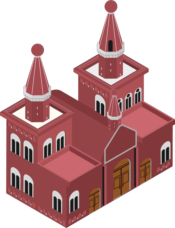 2.5D红色教堂场景AI素材线性建筑