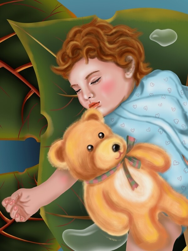 晚安世界玩偶小熊可爱宝宝小孩睡觉叶子温馨