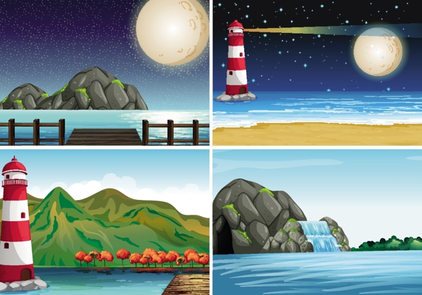 四个场景的灯塔和海洋的插图
