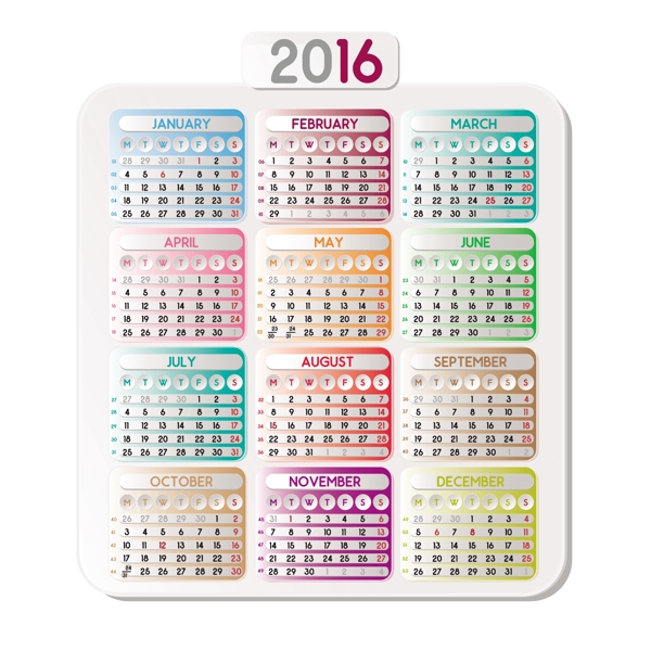 2016个日历的彩色方块