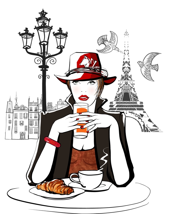 铁塔下喝咖啡的女人插画