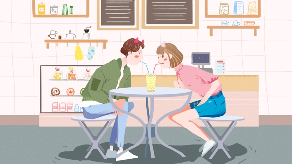 情侣日常甜品店约会插画