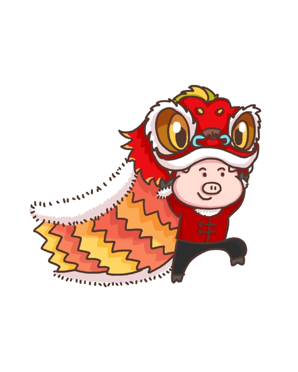 春节卡通猪舞狮手绘