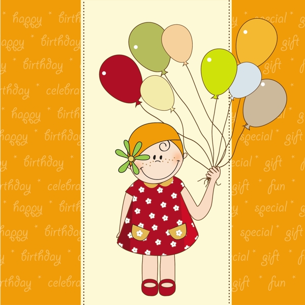 可爱的女孩和气球五颜六色的生日卡片