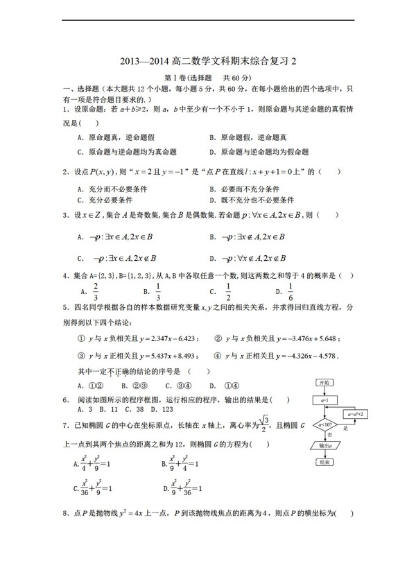 数学人教新课标A版文科期末综合复习2