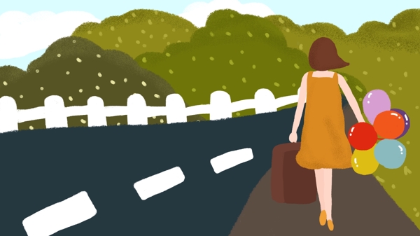 世界旅游日少女旅行箱气球步行户外公路插画