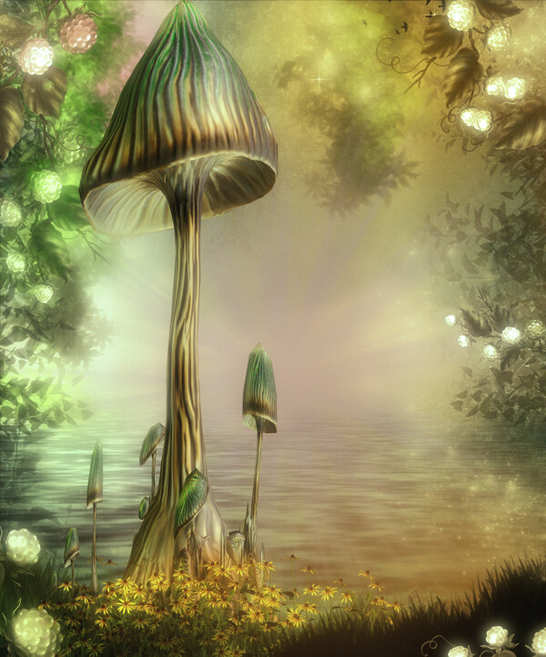 梦幻童话世界影楼背景蘑菇树花朵图片