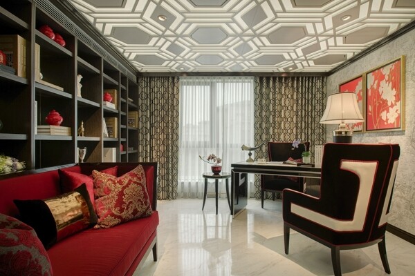 现代时尚客厅红色长沙发室内装修效果图