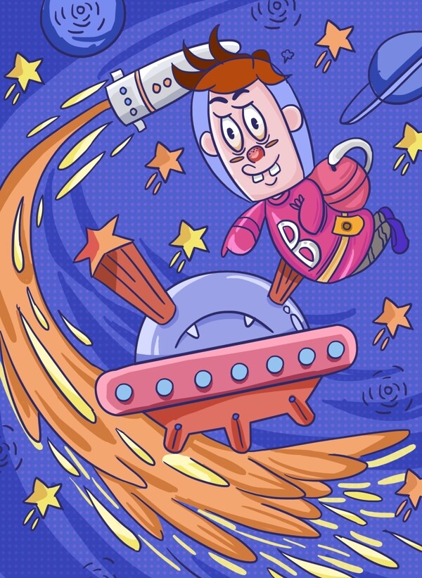 卡通风格在宇宙的和飞船火箭一起的男孩插画