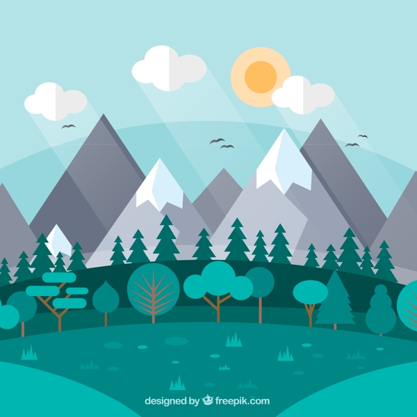 扁平化雪山与森林风景矢量图