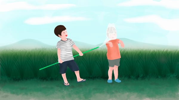 儿童夏天小暑二十四节气田野水稻绿色插画
