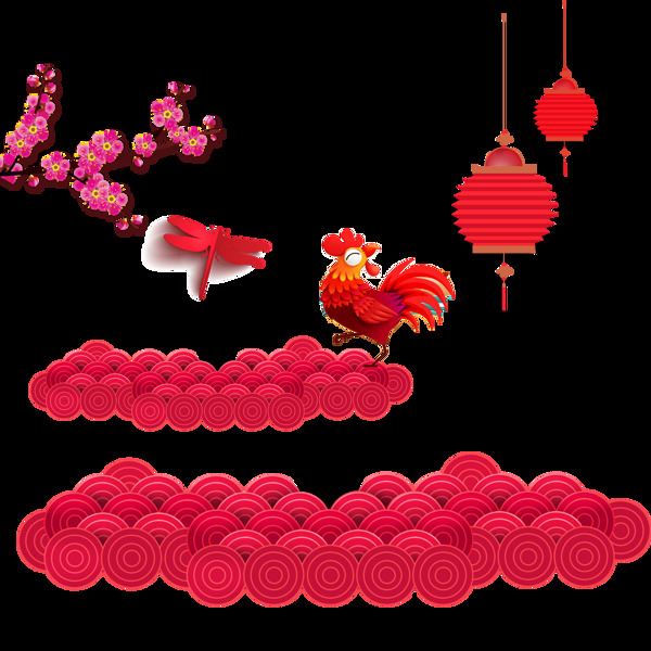 红色扁平化新年祥云和折叠式灯笼海报