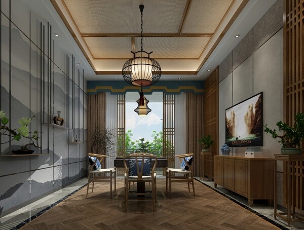 新中式书房茶室效果图3D模型