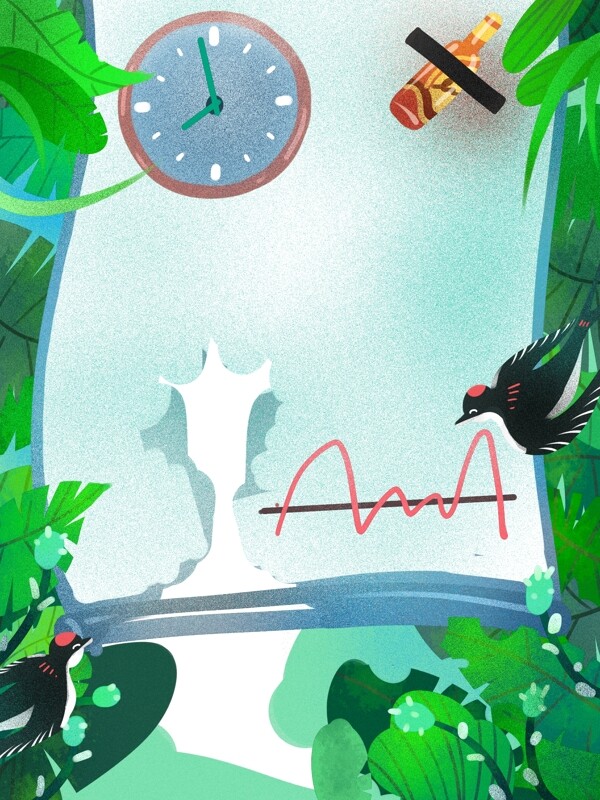 手绘春季绿小鸟闹钟背景设计