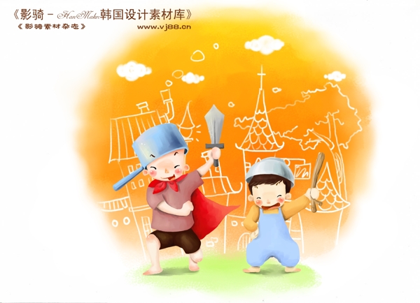 HanMaker韩国设计素材库背景卡通漫画可爱人物孩子男孩朋友打闹玩耍儿童