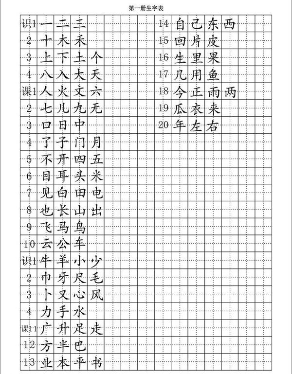 第一册生字表图片