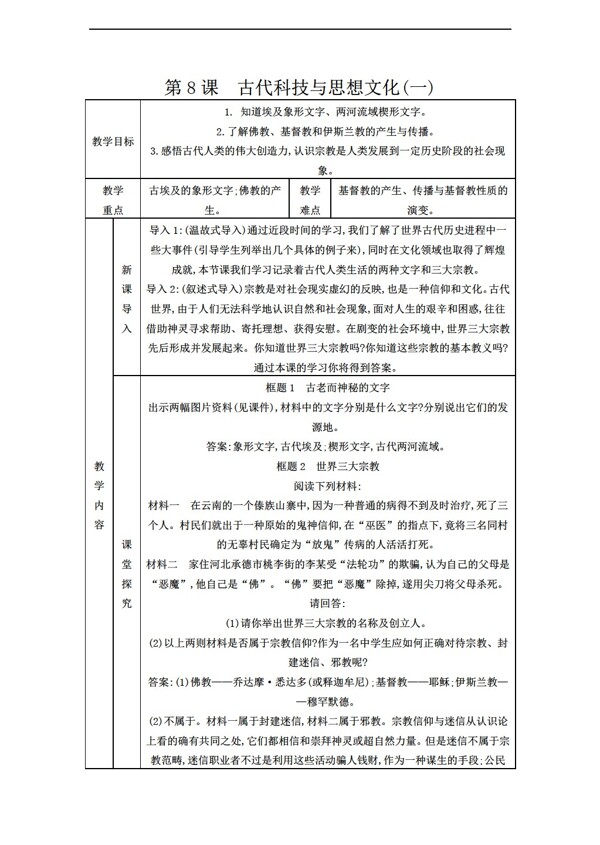 九年级上册历史第8课古代科技与思想文化教案表格式